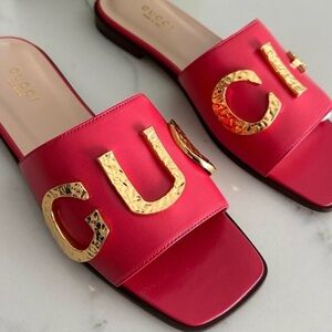 Gucci Cara Leather Slide Mules with Gold GUCCI Letters